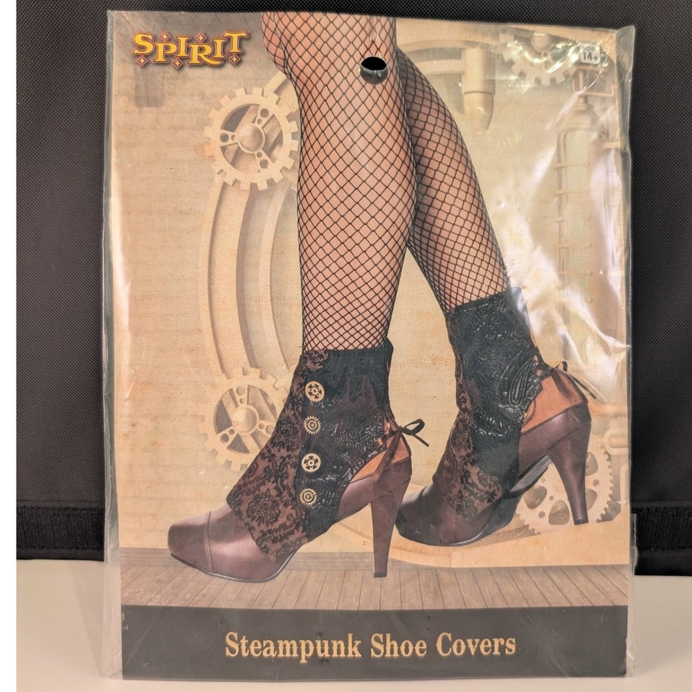 Spirit Halloween Steampunk Shoe Covers Brown Damask Lace Gear Spats Cosplay NEW